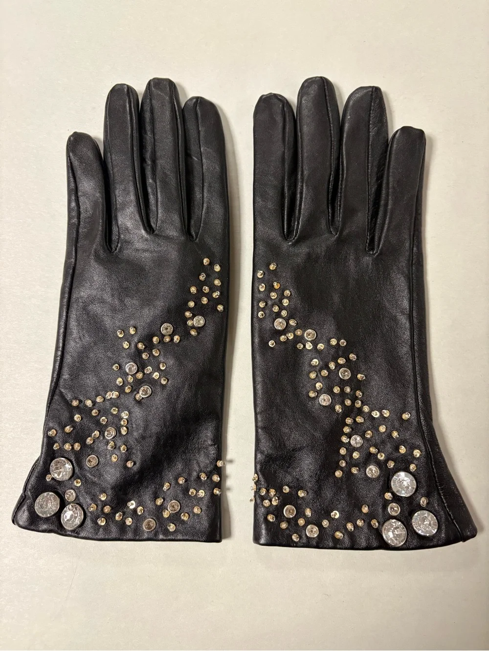 Black Leather Womens Wrist Gloves With Crystal & Stud Embellishments Size 8